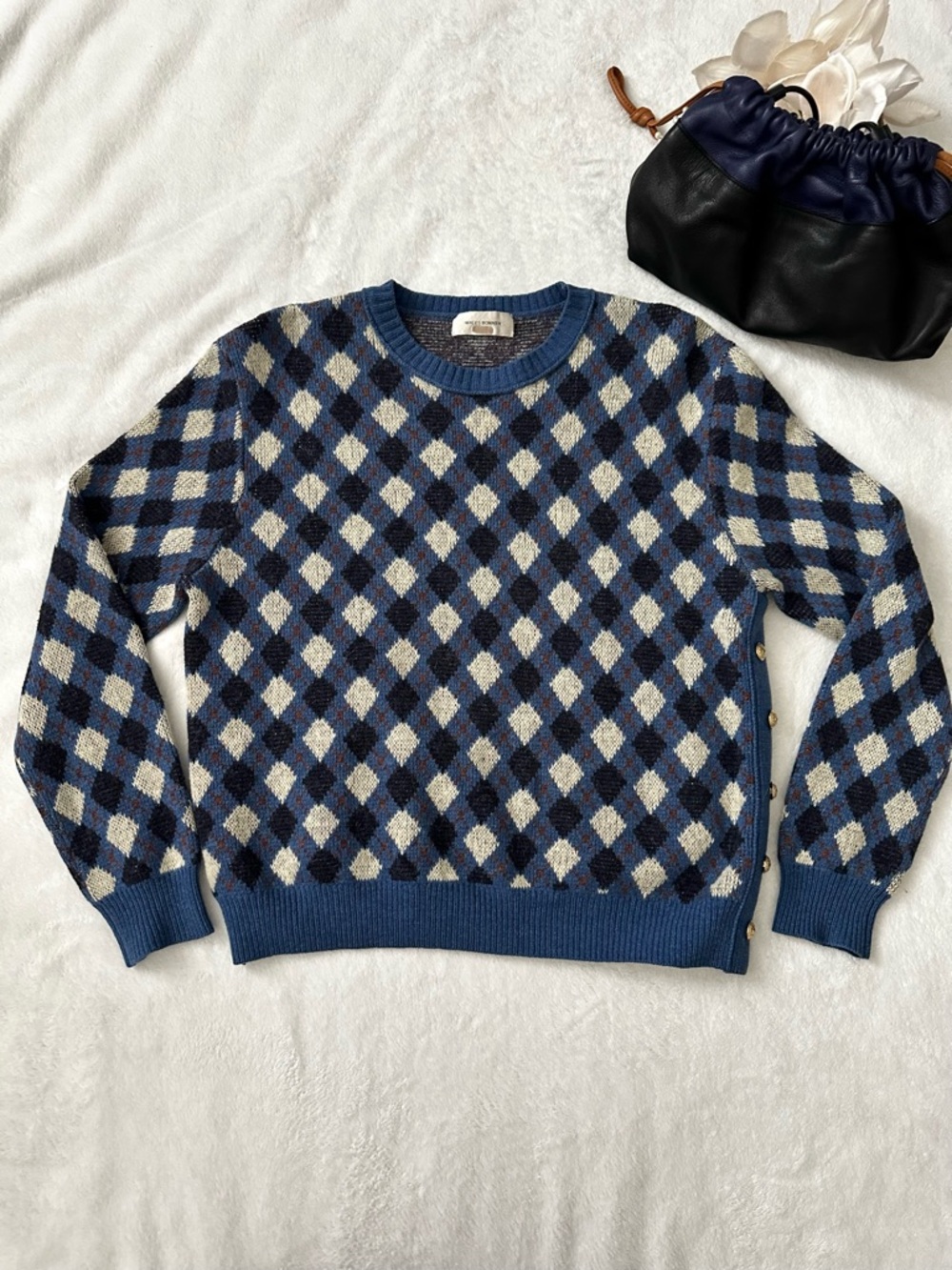 Wales Bonner Argyle Merino Wool Blend Blue Cream Sweater